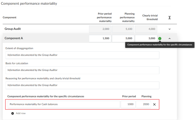 the user interface for when the green warning icon is triggered in the Component Performance Materiality tab.